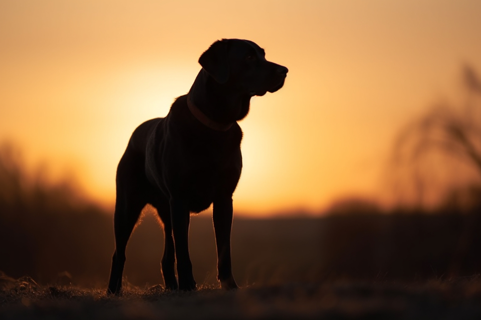 An older labrador standing against a low evening sun
